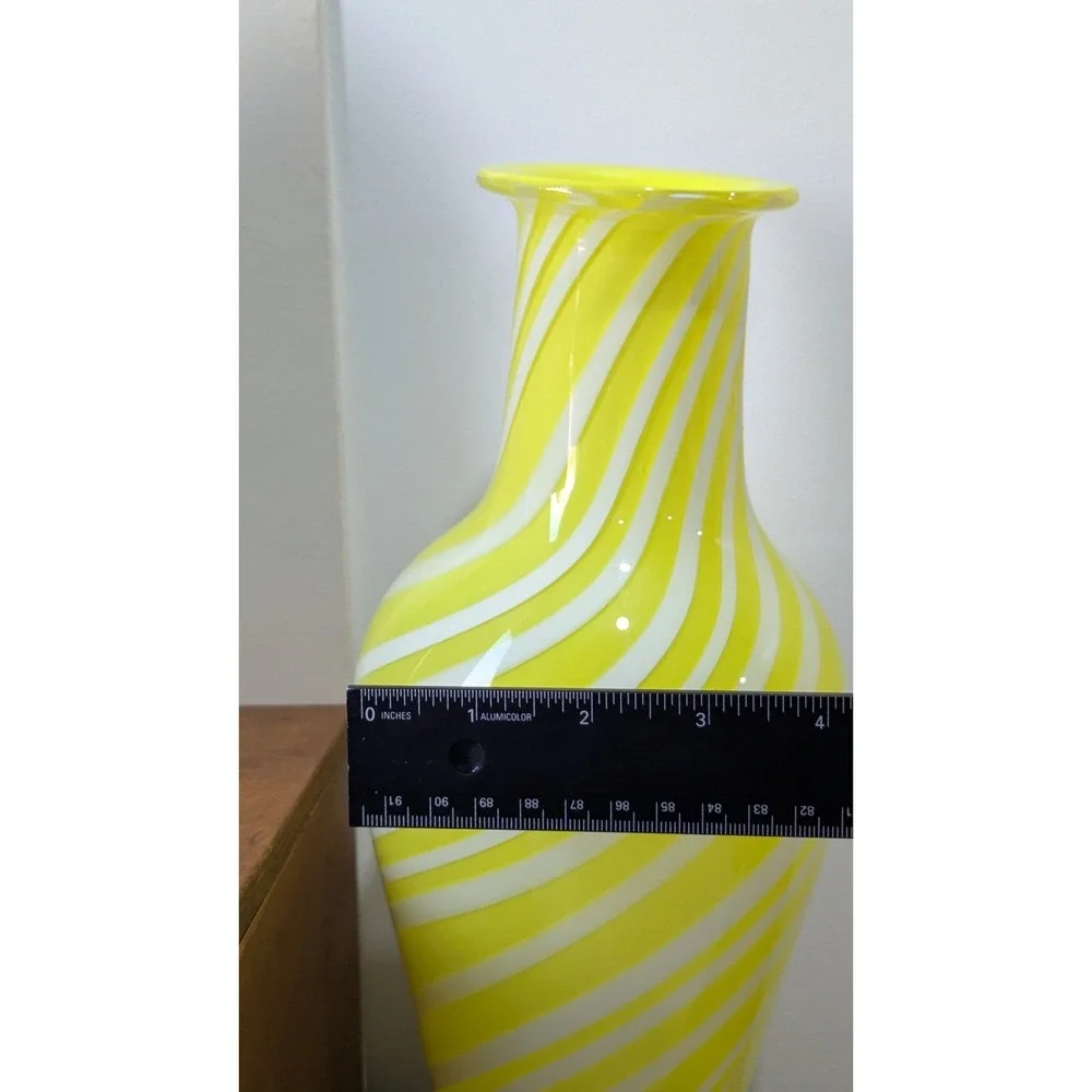 Vintage Yellow White Swirl Art Glass Vase Hand Blown Murano Style 12 Inch Urn